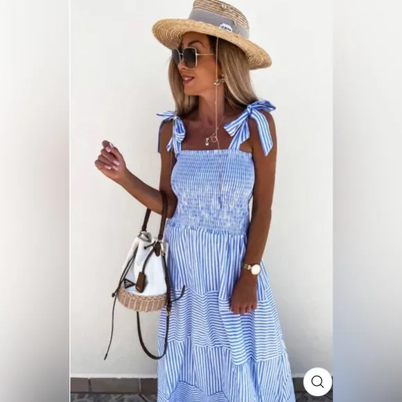 MARTINE Shirred Striped Maxi Dress - BLUE NWT