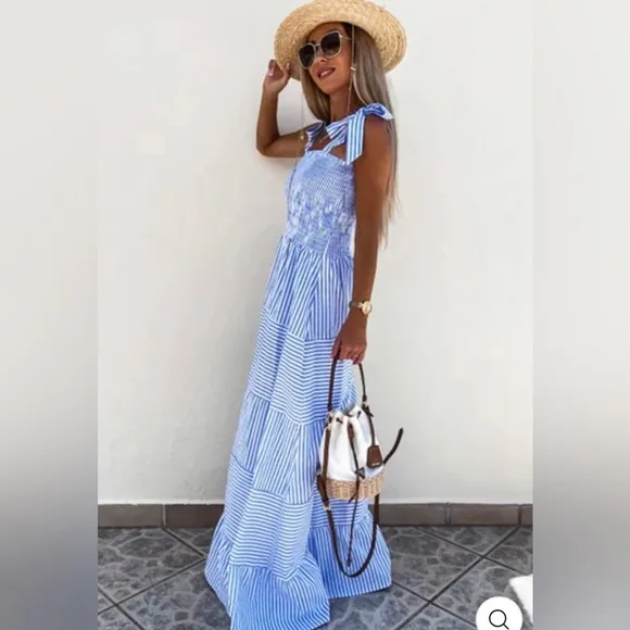 MARTINE Shirred Striped Maxi Dress - BLUE NWT