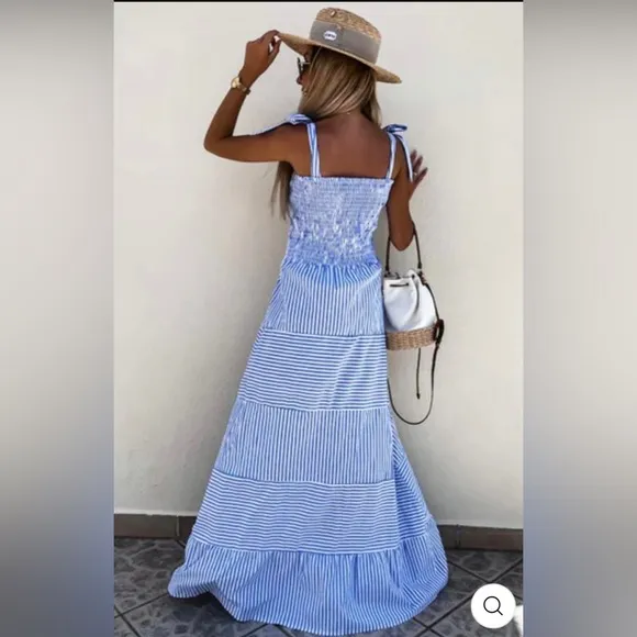 MARTINE Shirred Striped Maxi Dress - BLUE NWT