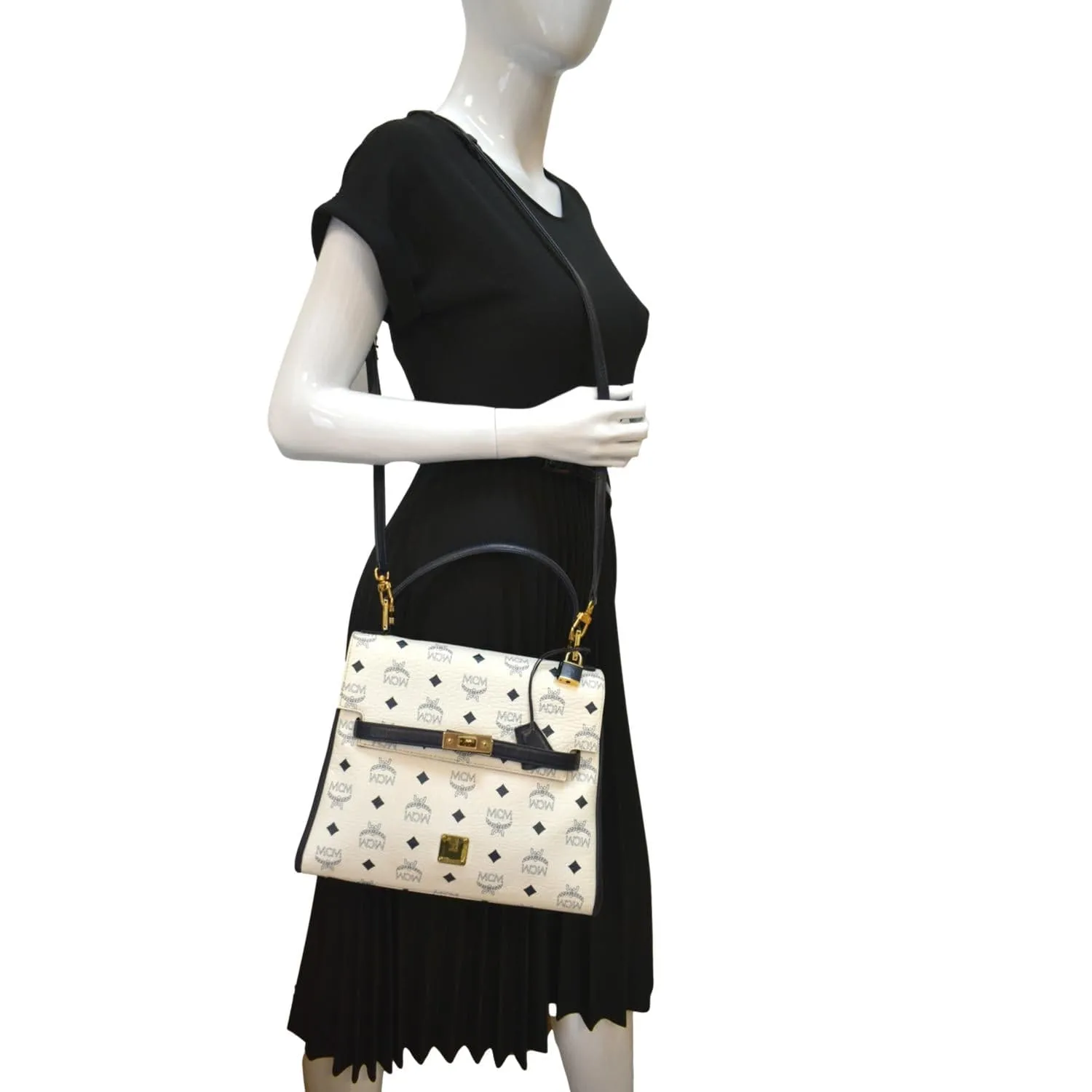 MCM Mini Kelly Visetos Coated Canvas Shoulder Bag White