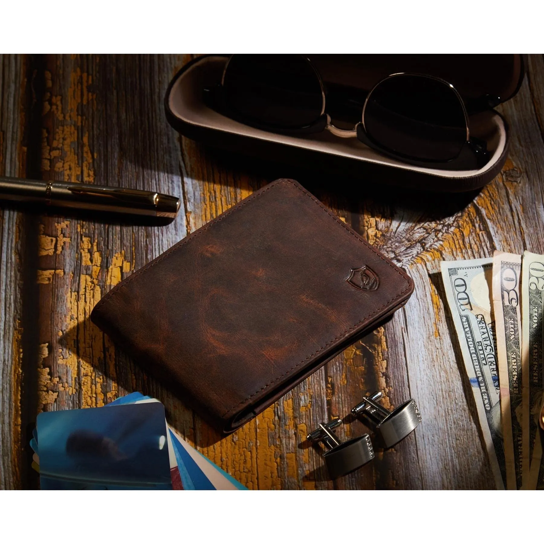 Mens Wallet Real Leather Bifold RFID Blocking High Capacity Card Case with 2 ID Window in Gift Box (Crazy Horse, Cognac)