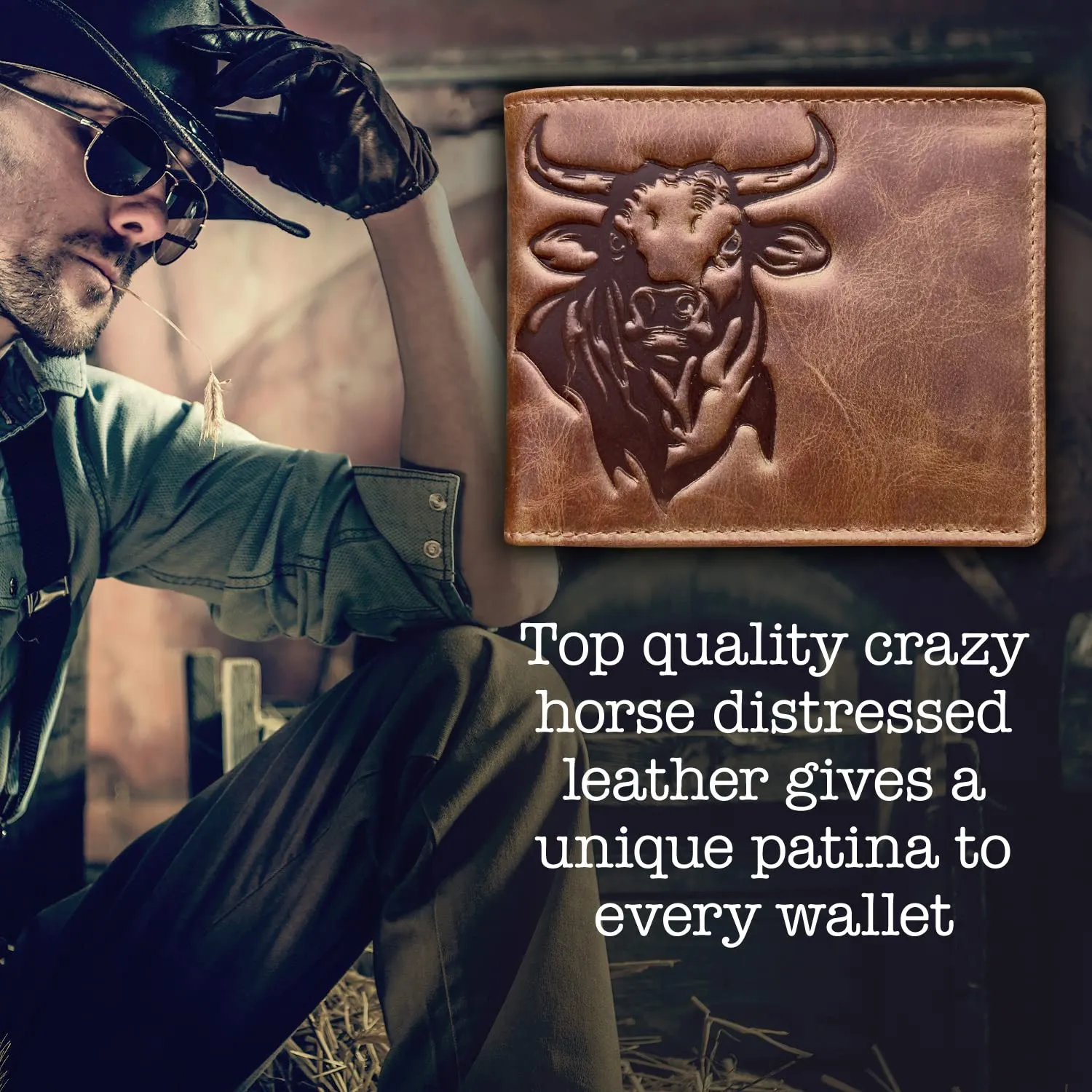 MID WEST RANGE Western Wallet For Men - Full Grain Leather Rodeo Bull Bifold Wallet For Cowboys - Mens RFID Wallet - Cowboy Wallet - Gifts For Him
