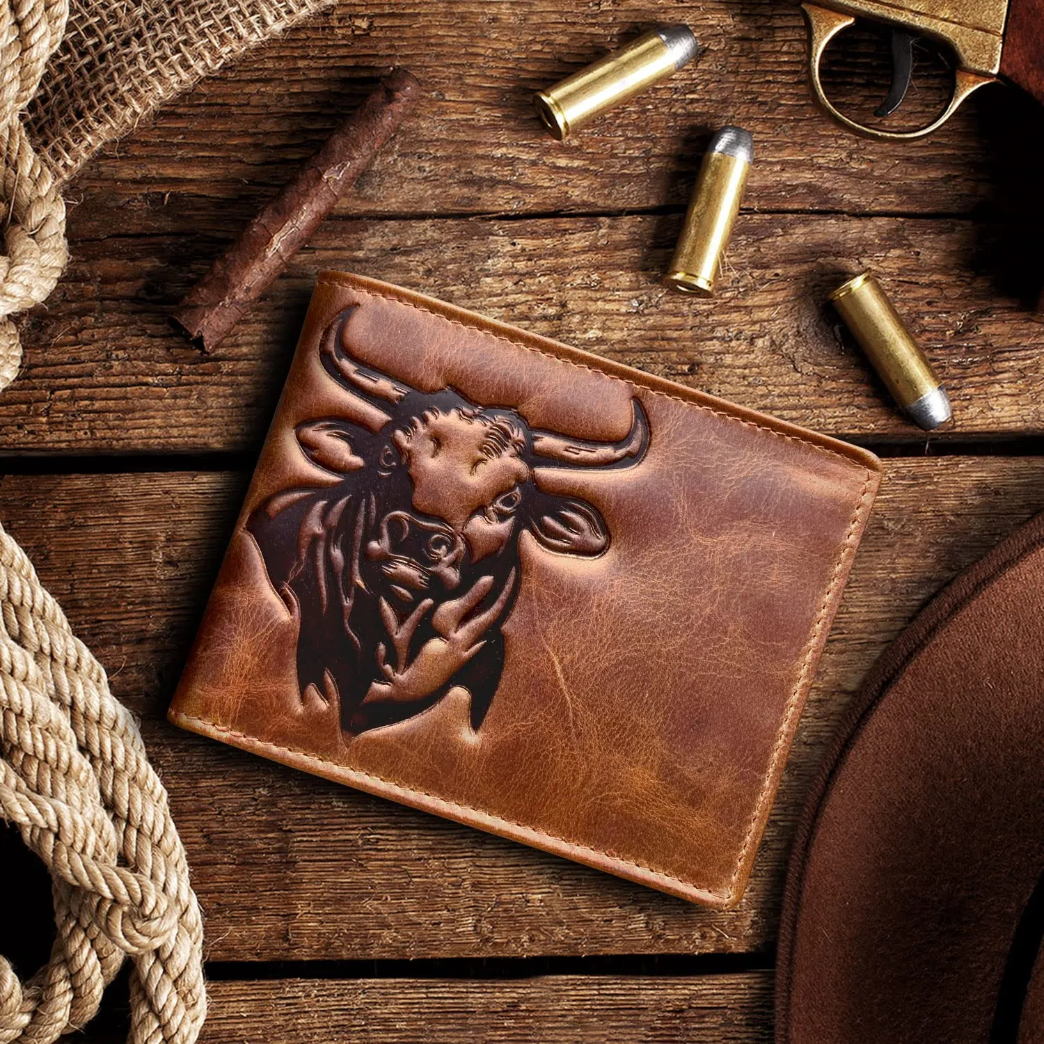 MID WEST RANGE Western Wallet For Men - Full Grain Leather Rodeo Bull Bifold Wallet For Cowboys - Mens RFID Wallet - Cowboy Wallet - Gifts For Him