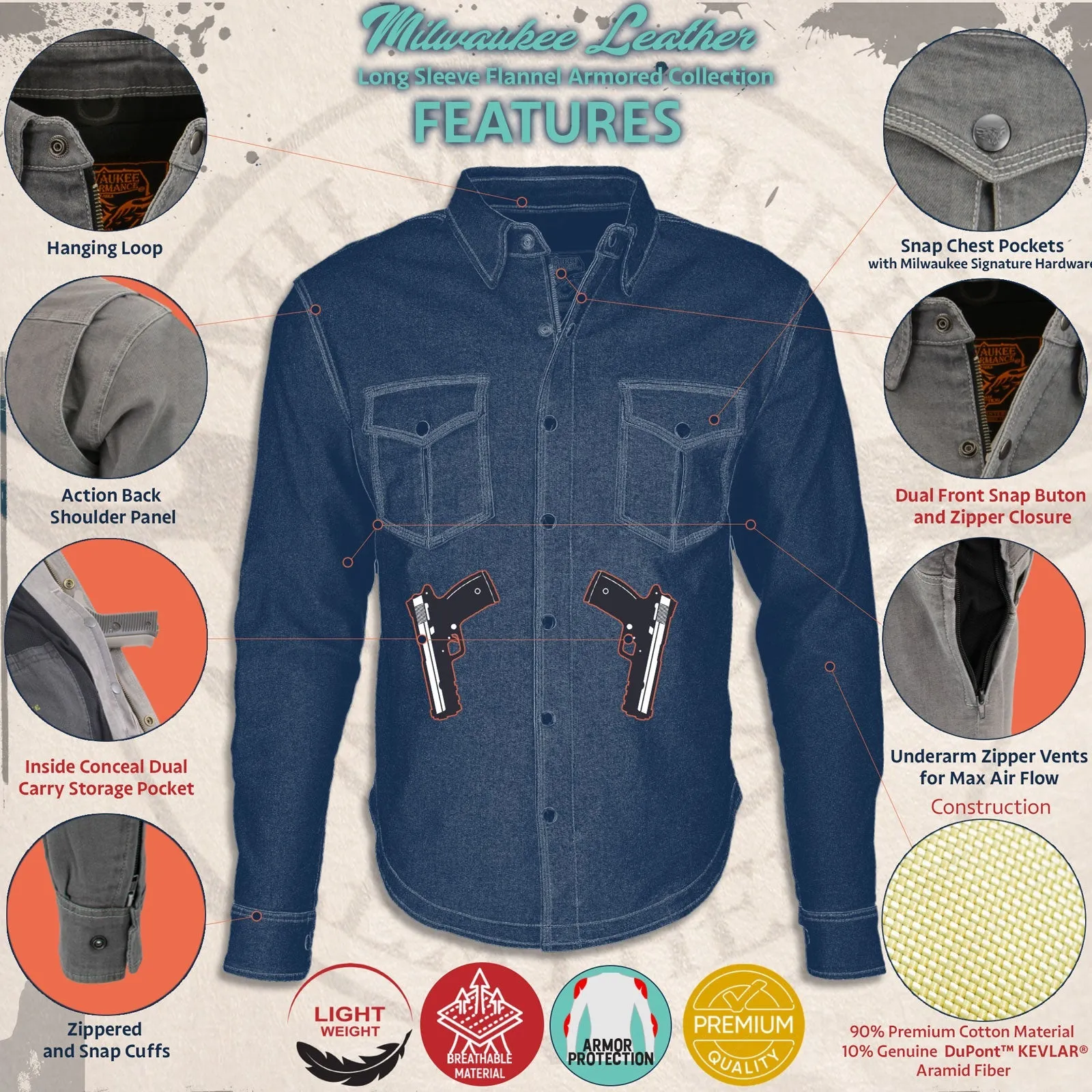 MPM1634 Men's Plaid Flannel Biker Shirt with CE Approved Armor - Reinforced w/ Aramid Fiber