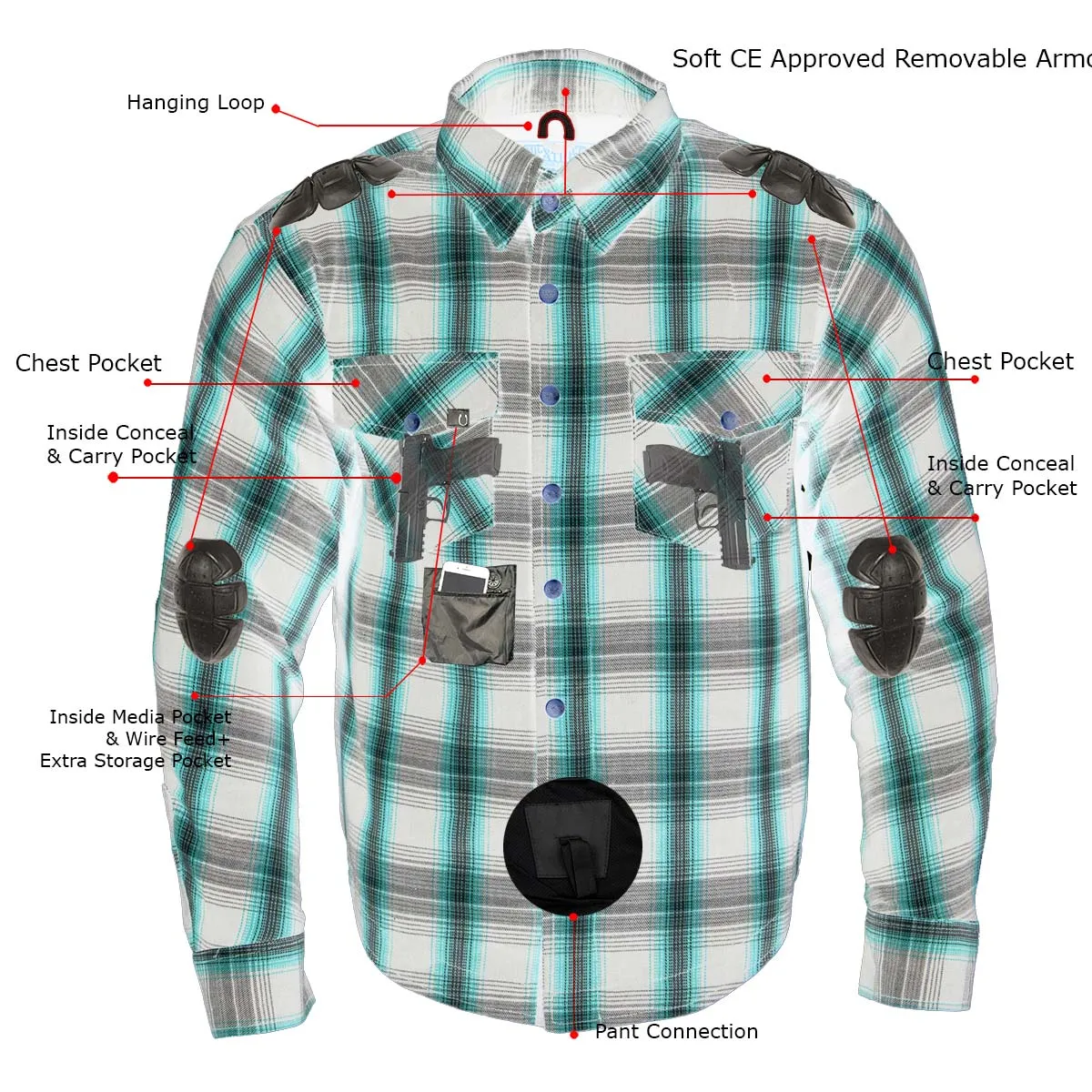 MPM1634 Men's Plaid Flannel Biker Shirt with CE Approved Armor - Reinforced w/ Aramid Fiber