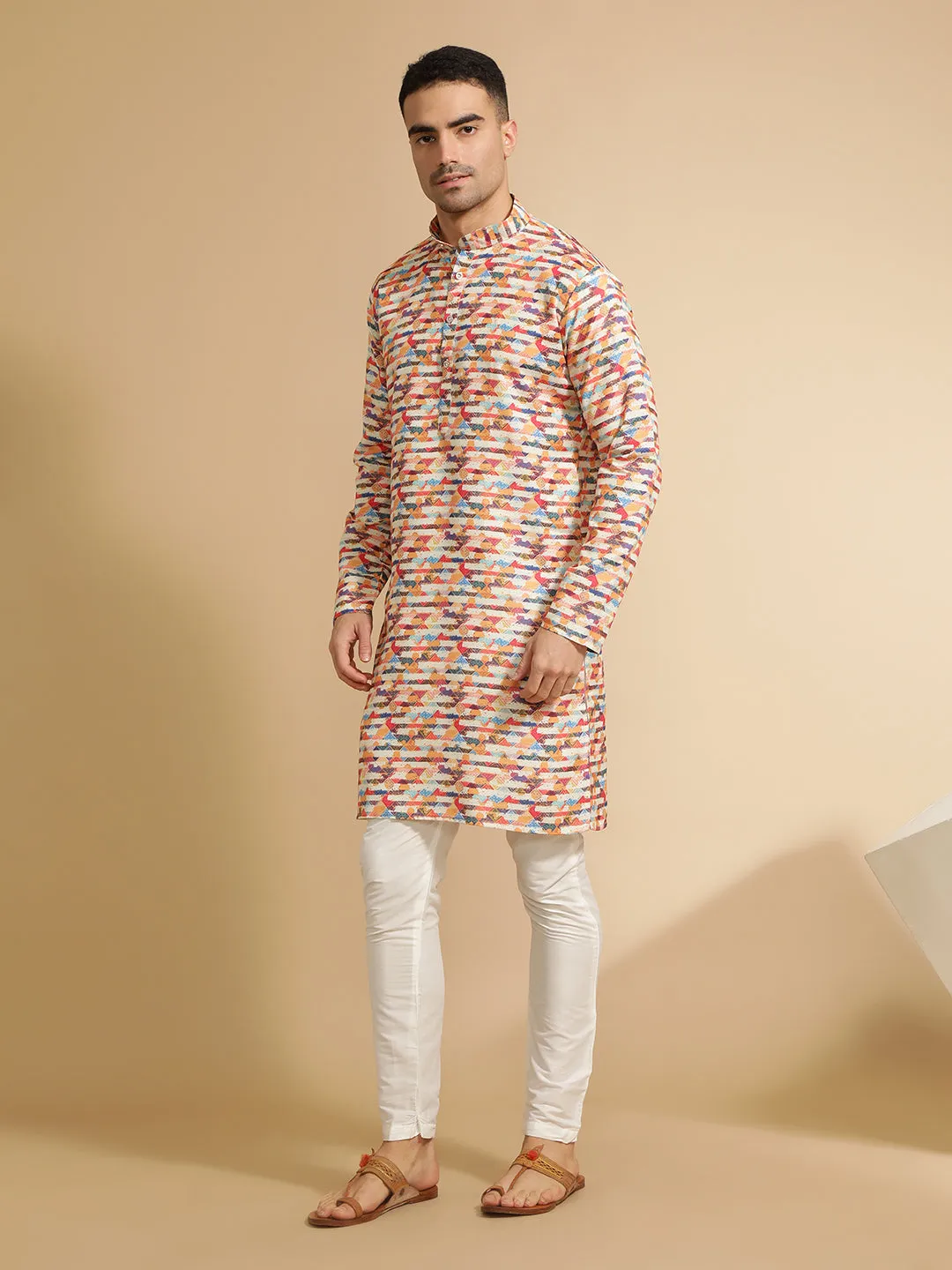 Multicolor Abstract Printed Cotton Kurta for Men