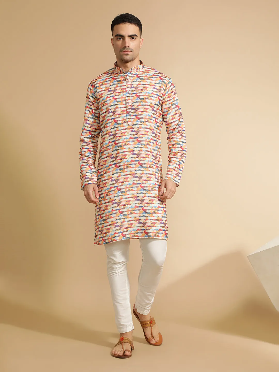 Multicolor Abstract Printed Cotton Kurta for Men