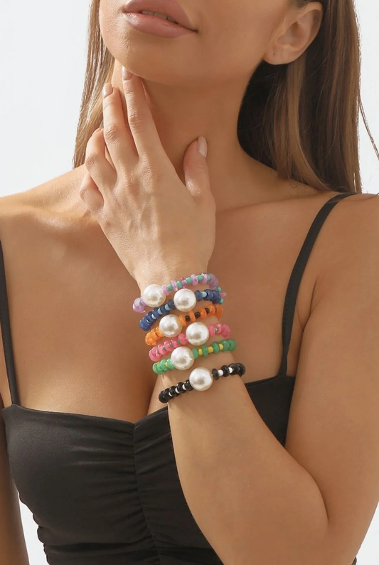 Multicolor Big Pearl Beaded Stretch Bracelet 5 Colors