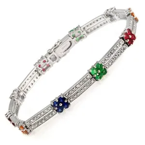 Multicolor Gems &  Double Row Round Cut Diamonds in 18k White Gold Bracelet