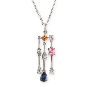 Multicolor Gems And Diamond  Dangling Pendant Necklace, 18k White Gold