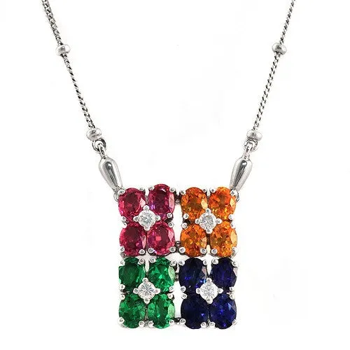 Multicolor Invisible Set Gems & Diamonds Pendant Necklace, 18k White Gold