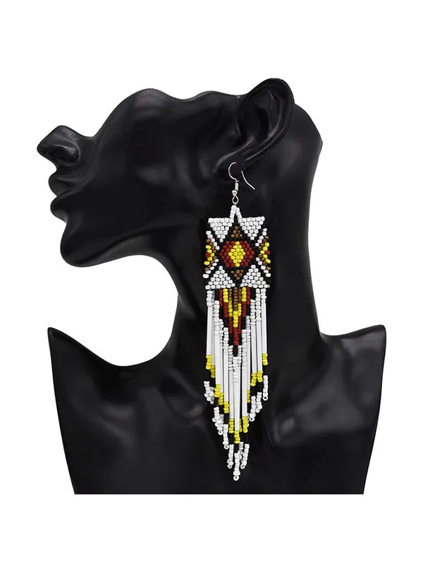 Multicolor Rice Beads Long Tassel Earrings