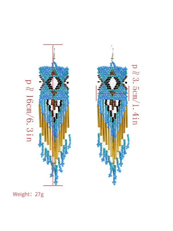 Multicolor Rice Beads Long Tassel Earrings