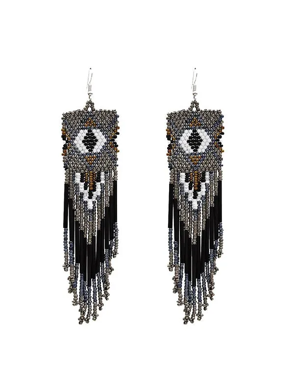 Multicolor Rice Beads Long Tassel Earrings