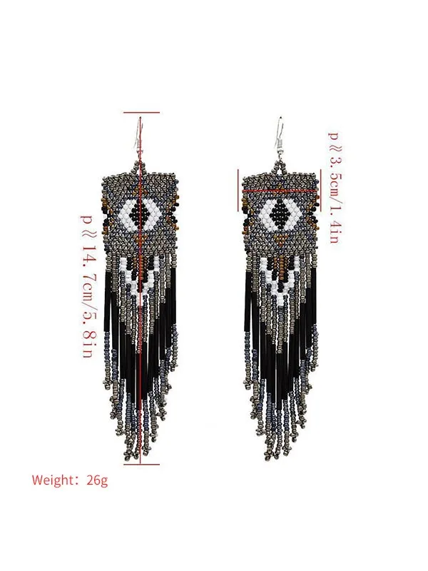 Multicolor Rice Beads Long Tassel Earrings