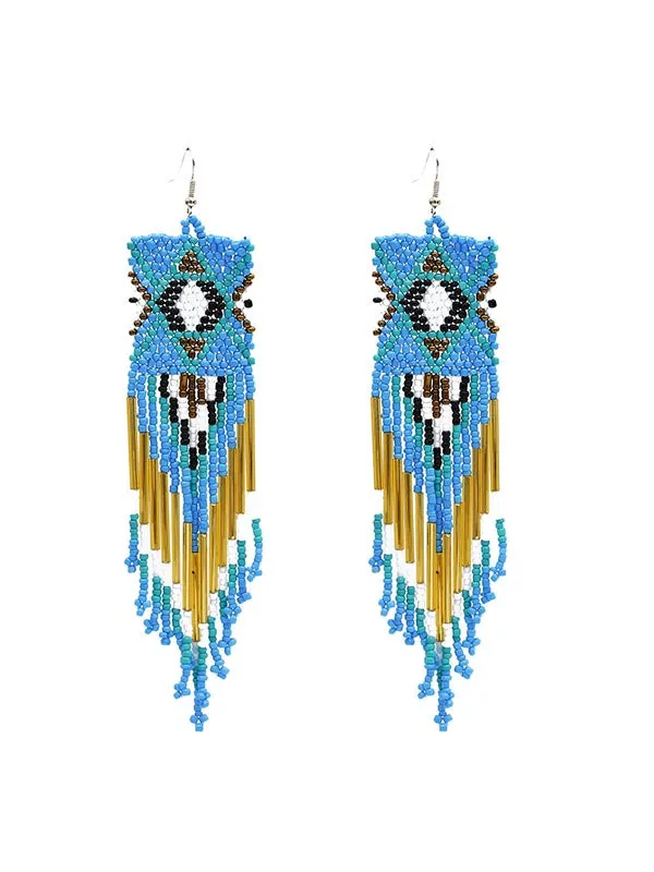 Multicolor Rice Beads Long Tassel Earrings