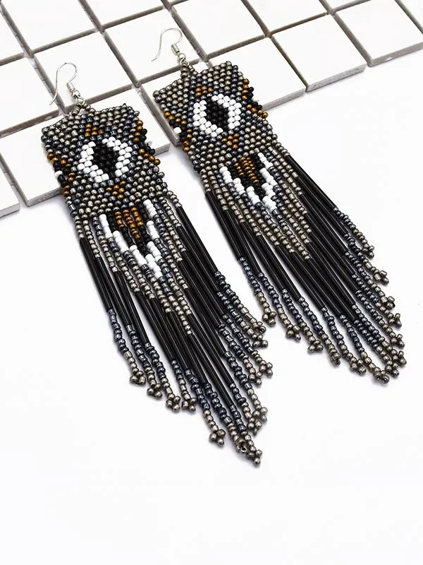 Multicolor Rice Beads Long Tassel Earrings