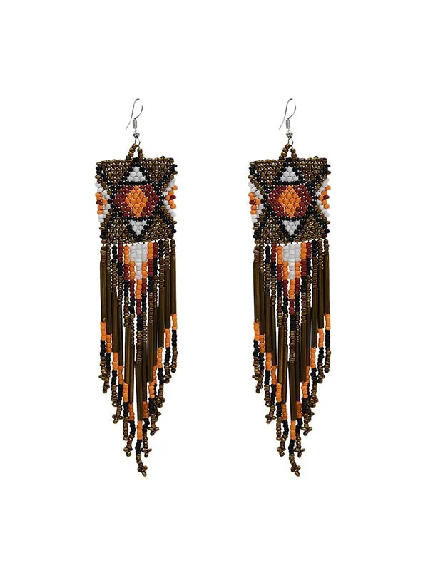 Multicolor Rice Beads Long Tassel Earrings