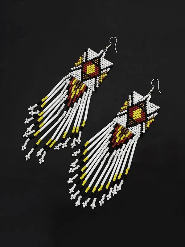 Multicolor Rice Beads Long Tassel Earrings