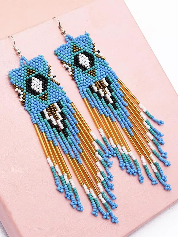 Multicolor Rice Beads Long Tassel Earrings