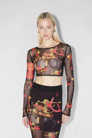 Natalie Abstract Red Print Cropped Mesh Top - Multicolor