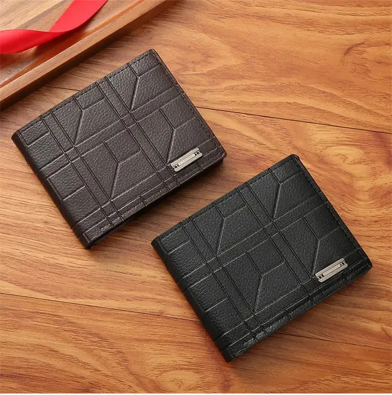 New Brand Men'S Wallet Men'S Short Wallet Youth Fashion Plaid Horizontal Soft Leather Wallet Large