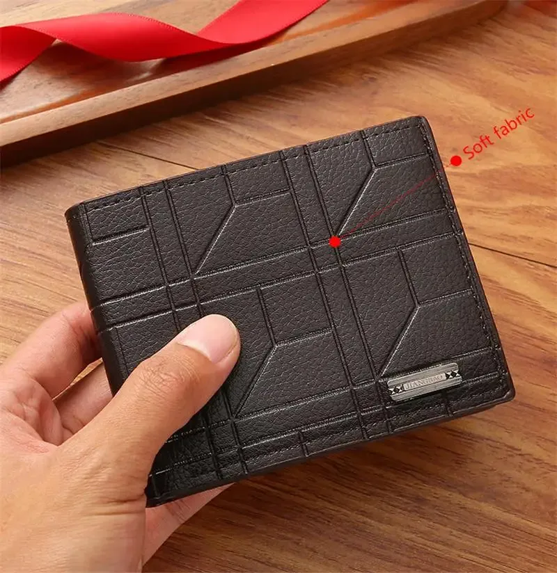 New Brand Men'S Wallet Men'S Short Wallet Youth Fashion Plaid Horizontal Soft Leather Wallet Large