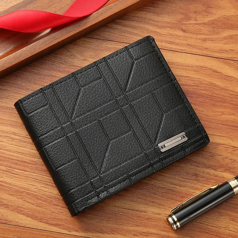 New Brand Men'S Wallet Men'S Short Wallet Youth Fashion Plaid Horizontal Soft Leather Wallet Large