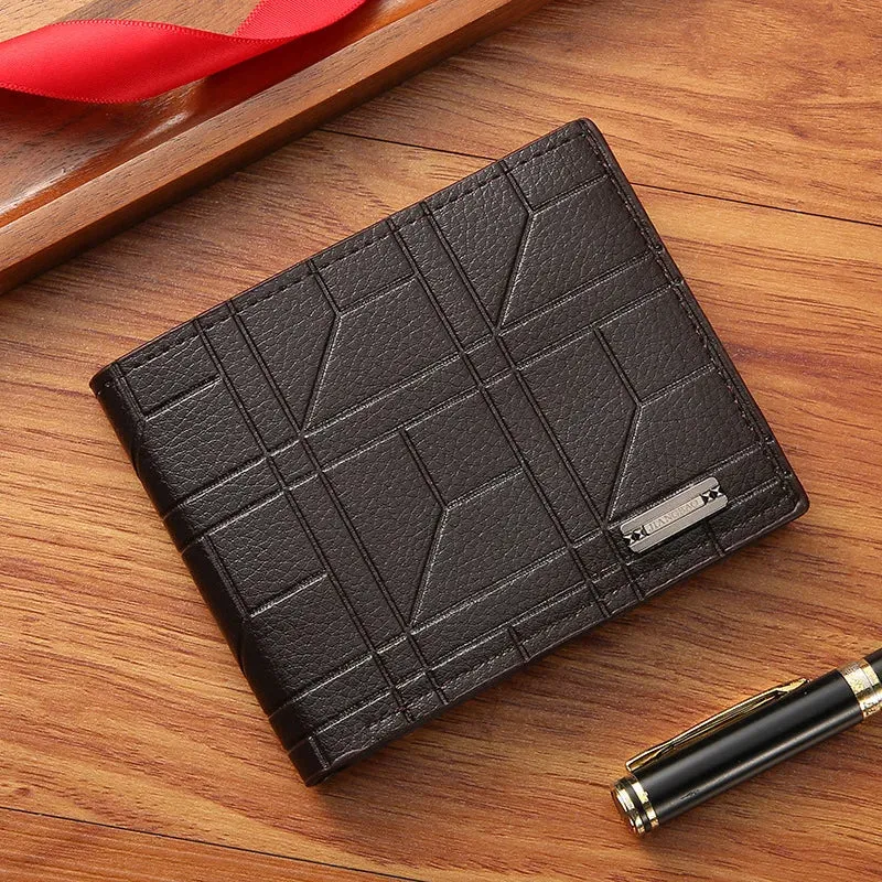 New Brand Men'S Wallet Men'S Short Wallet Youth Fashion Plaid Horizontal Soft Leather Wallet Large