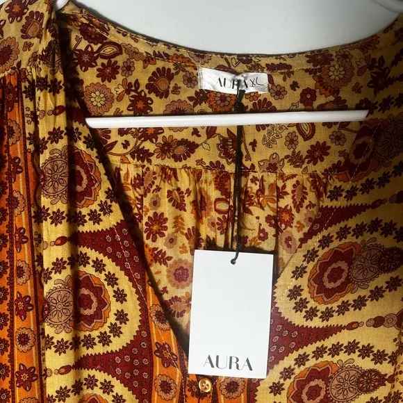 NWT Aura Womens Balloon Sleeve V Neck Floral Print Multicolor Maxi Dress Size XL