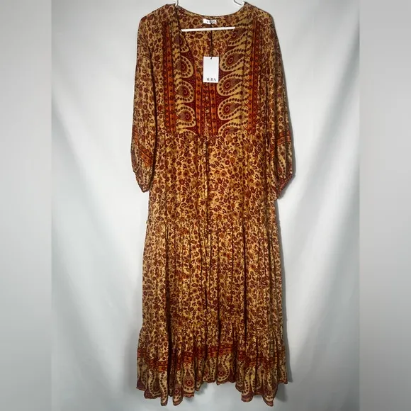 NWT Aura Womens Balloon Sleeve V Neck Floral Print Multicolor Maxi Dress Size XL