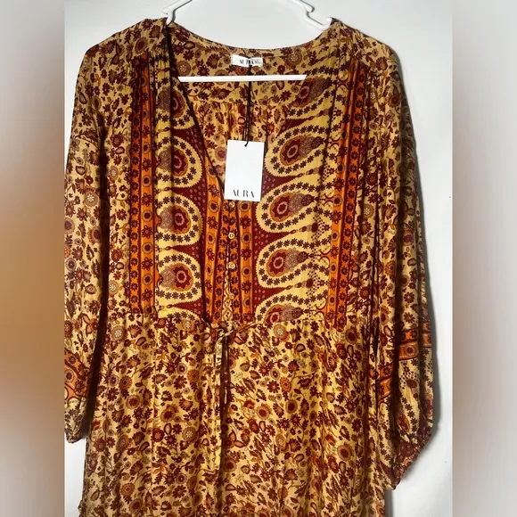 NWT Aura Womens Balloon Sleeve V Neck Floral Print Multicolor Maxi Dress Size XL