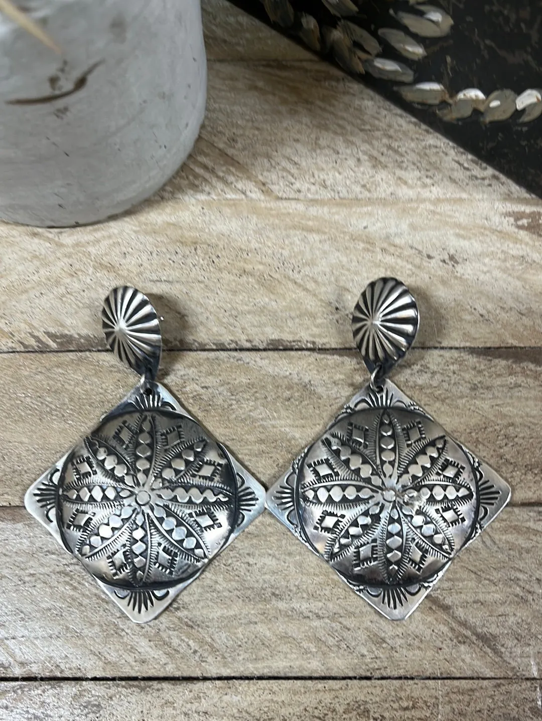 Osceola Round Post Diamond Drop Double Concho Earrings - 3"