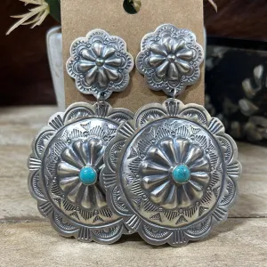 Ottawa Double Scalloped Concho Earrings With Turquoise Center - 3.15"