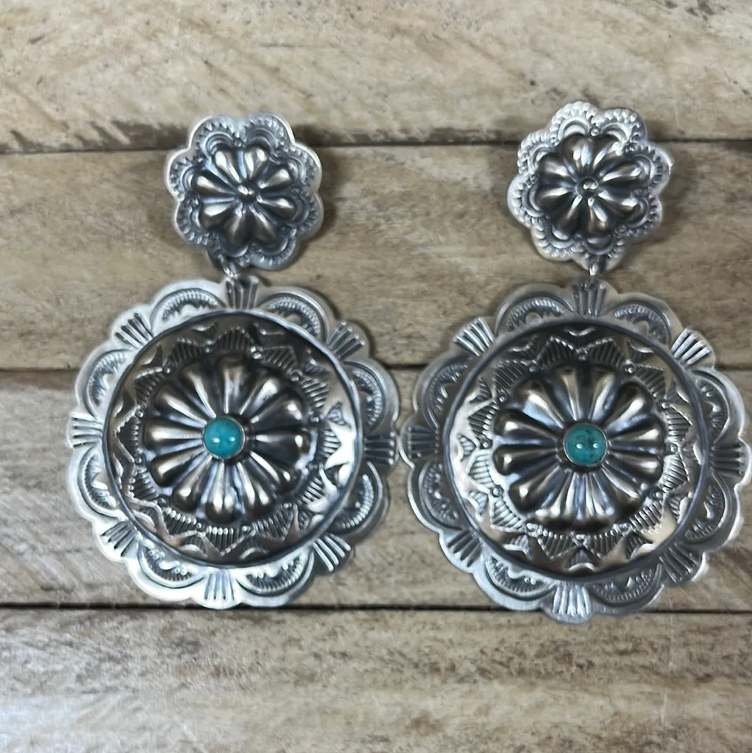 Ottawa Double Scalloped Concho Earrings With Turquoise Center - 3.15"
