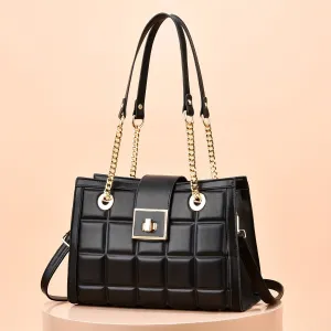 Plaid Embossed Crossbody Bag,  Trendy Chain Shoulder Bag, Turn Lock Handbags For Work