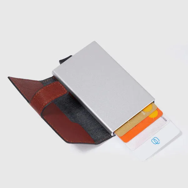 Porta Carte di Credito Piquadro in Metallo e Pelle Black Square Cuoio