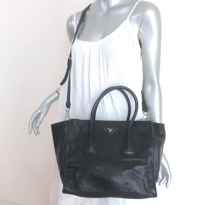 Prada Glace Twin Pocket Tote Black Leather Medium Crossbody Bag