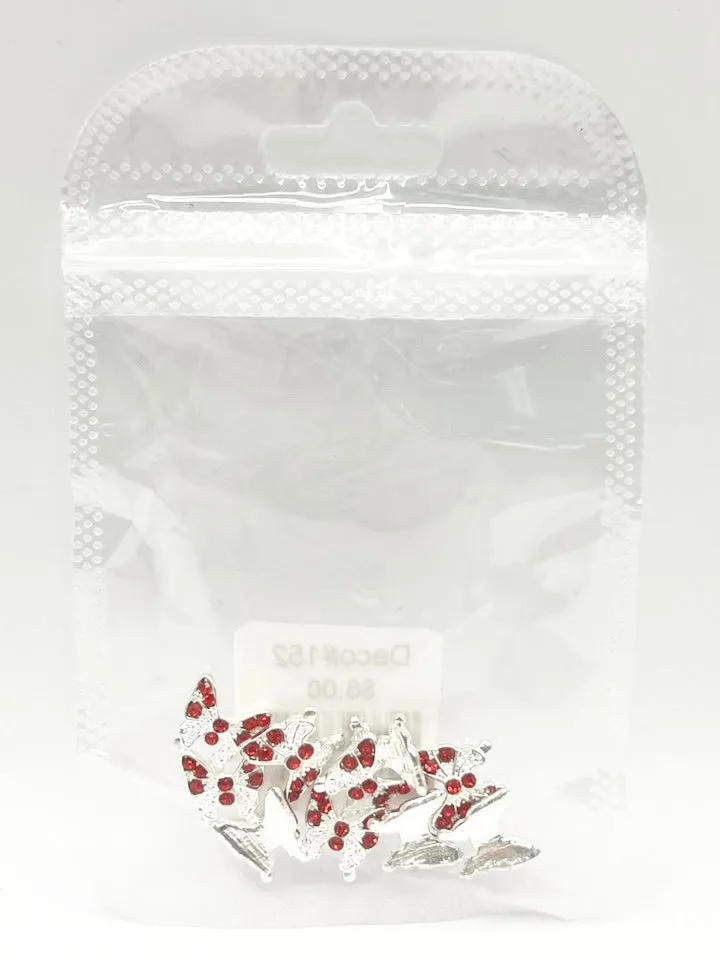 Queen - Nail Charms 10pc - #149 Silver Butterflies w/ Red Stones