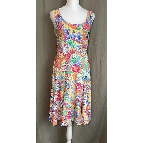 Ralph Lauren Dress Petite Small PS Paisley Multicolor Stretch Washable Orange