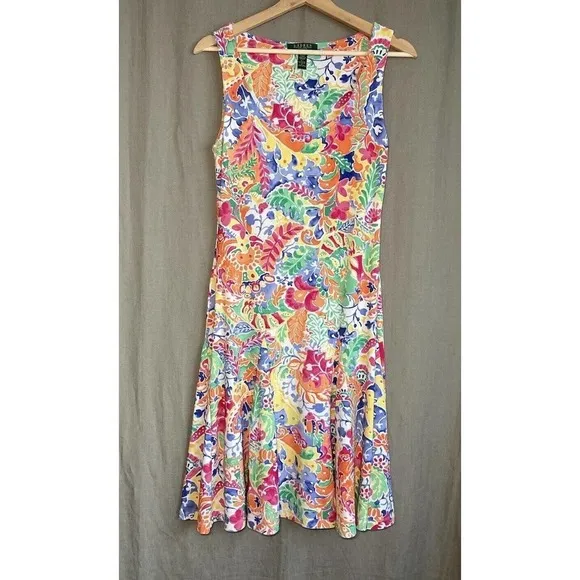 Ralph Lauren Dress Petite Small PS Paisley Multicolor Stretch Washable Orange