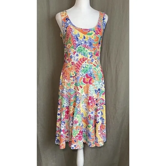Ralph Lauren Dress Petite Small PS Paisley Multicolor Stretch Washable Orange