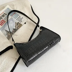 realaiot  Crocodile Embossed Baguette Bag, Minimalist Shoulder Purses, Trendy Solid Color Handbags