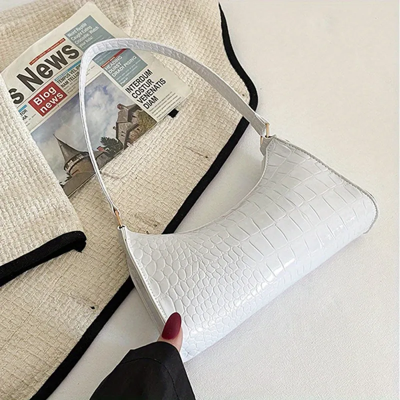 realaiot  Crocodile Embossed Baguette Bag, Minimalist Shoulder Purses, Trendy Solid Color Handbags