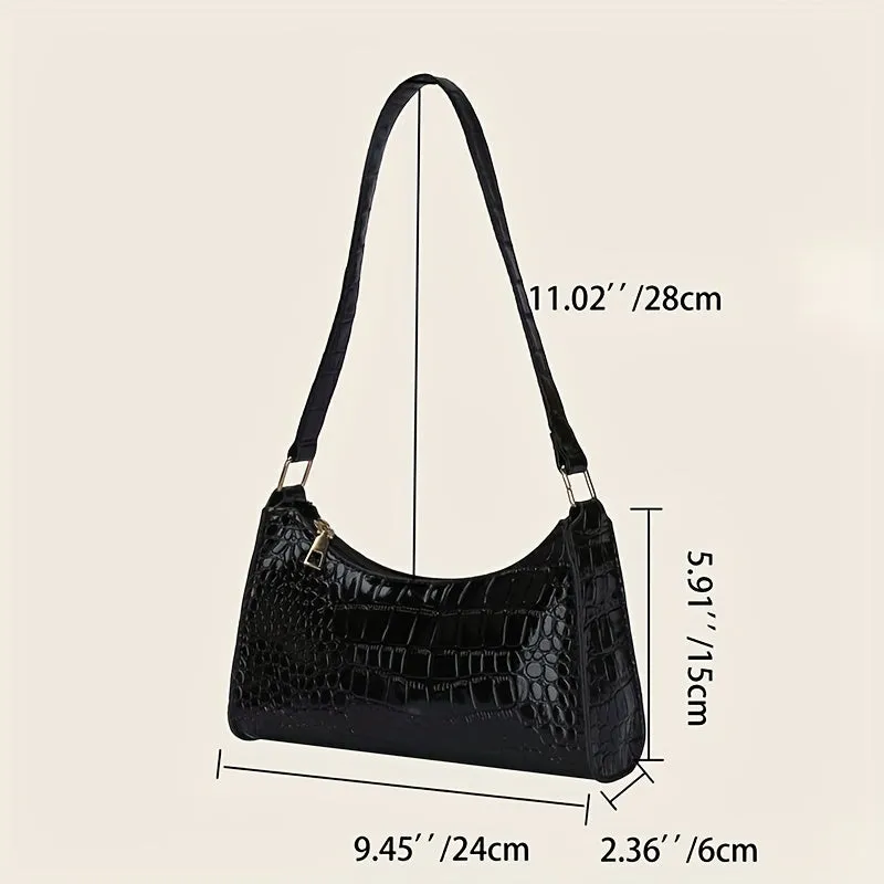 realaiot  Crocodile Embossed Baguette Bag, Minimalist Shoulder Purses, Trendy Solid Color Handbags