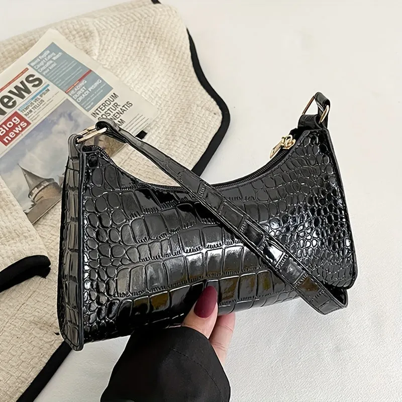 realaiot  Crocodile Embossed Baguette Bag, Minimalist Shoulder Purses, Trendy Solid Color Handbags