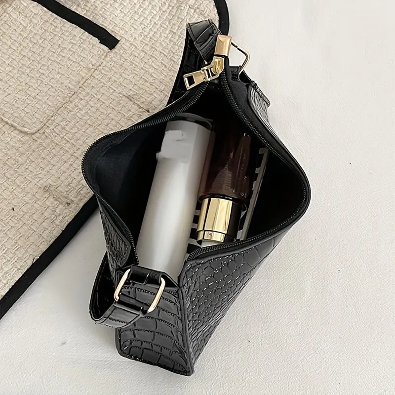 realaiot  Crocodile Embossed Baguette Bag, Minimalist Shoulder Purses, Trendy Solid Color Handbags