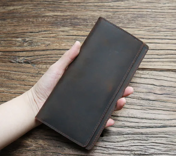 Realaiot Genuine Leather Men Wallet Crazy Horse Cowhide Vintage Handmade Long Slim Thin Men's Purse Card Holder Carteira For Male