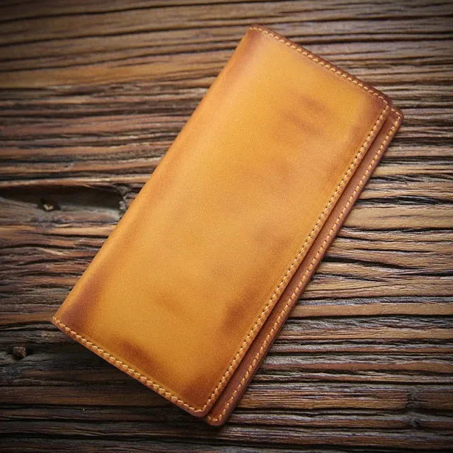 Realaiot Genuine Leather Men Wallet Crazy Horse Cowhide Vintage Handmade Long Slim Thin Men's Purse Card Holder Carteira For Male
