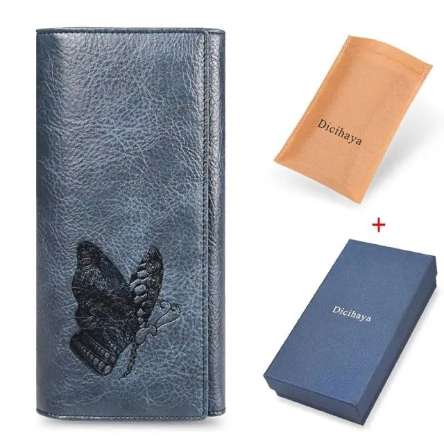 Realaiot Genuine Leather Women Wallet Long Purse Butterfly Embossing Wallets Female Card Holders Carteira Feminina Phone bag
